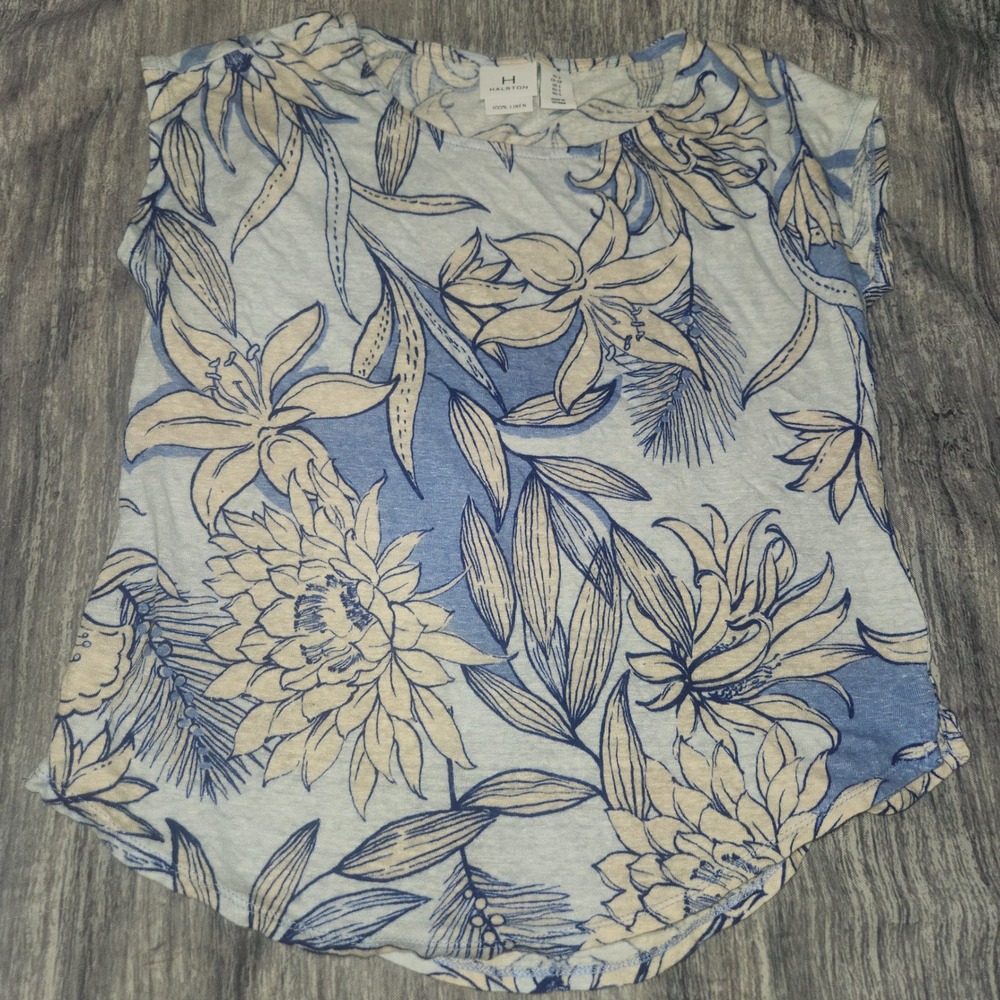 Halston Linen Floral Print Top Womens Size Small Blue‎ Beige Sleeveless